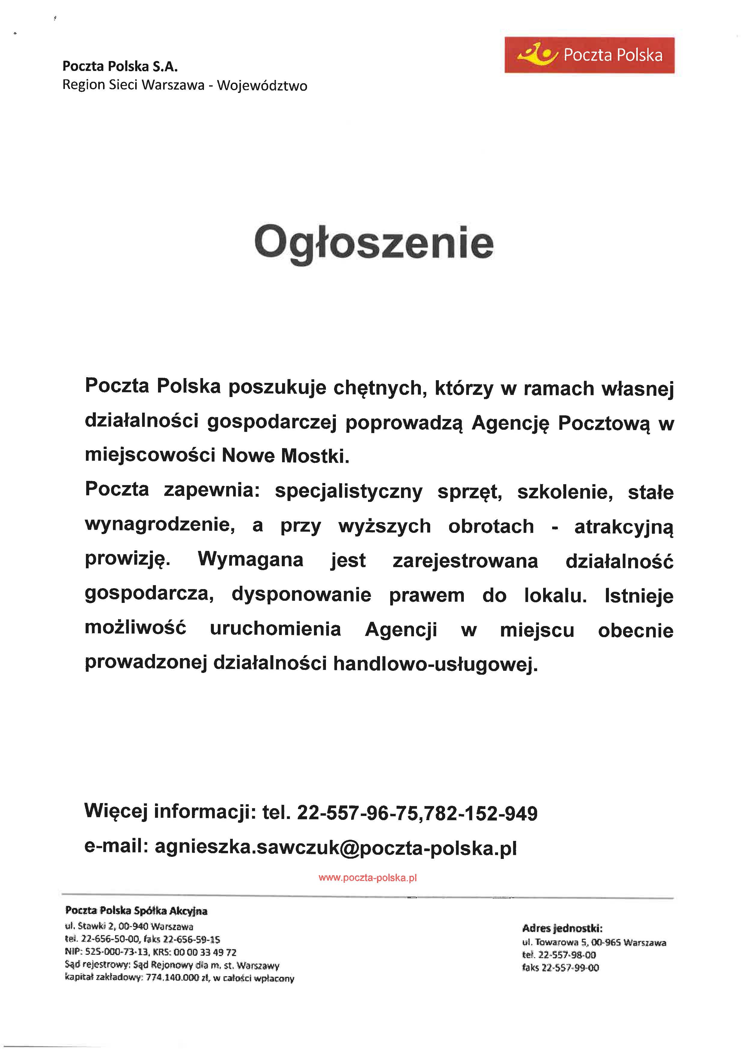 Ogłoszenie poczta polska