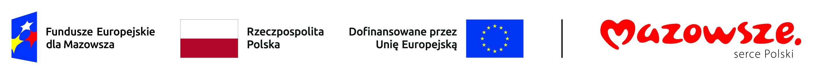 Logotyp Fundusze Europejskie dla Mazowsza, flaga Polski i Unii Europejskiej oraz logo promocyjne Mazowsza złożone z ozdobnego napisu Mazowsze serce Polski