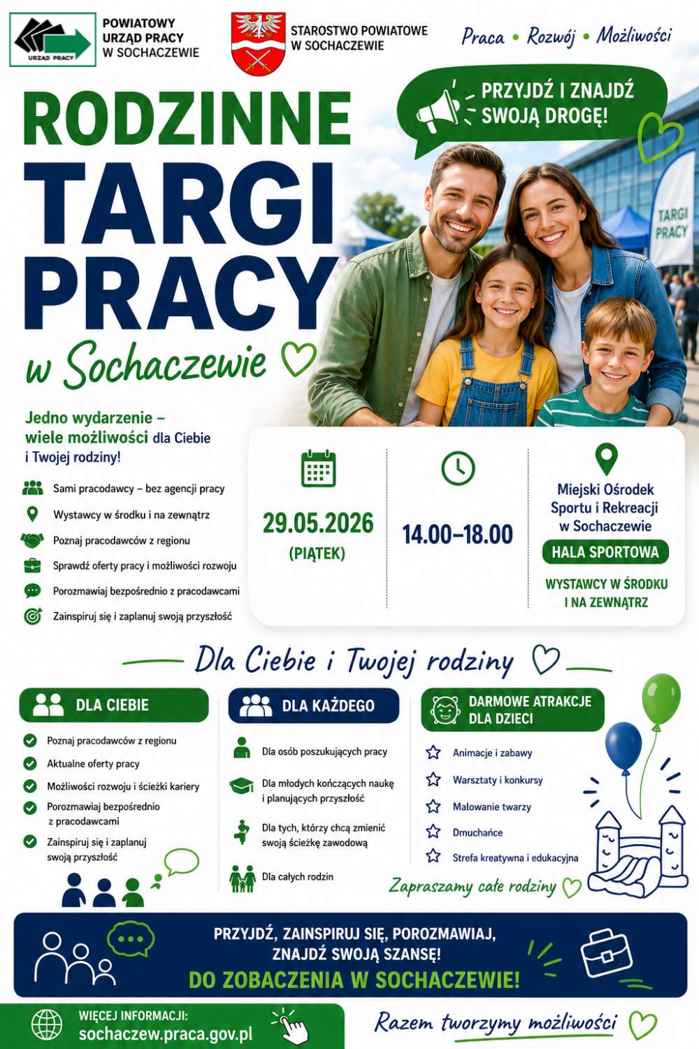 Plakat promujący Rodzinne Targi Pracy w Sochaczewie organizowane przez Powiatowy Urząd Pracy i Starostwo Powiatowe. Na grafice uśmiechnięta rodzina oraz informacje o wydarzeniu: 29 maja 2026, godz. 14:00-18:00, MOSiR w Sochaczewie. W programie oferty pracy, rozwój kariery i atrakcje dla dzieci.